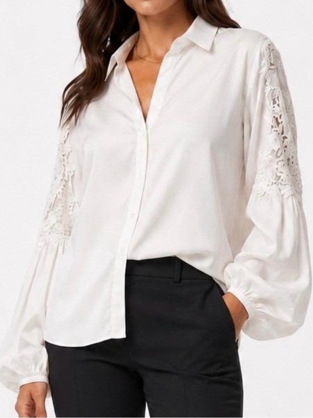 White House Black Market white button up shirt with lace detail sleeves Size 12